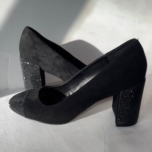 White House Black Market Black Genuine Leather Suede Rhinestone Heels Sz 9